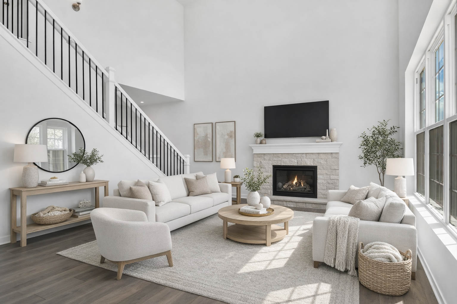 Two-story living room with a fireplace and mounted television at Home at Ashcroft